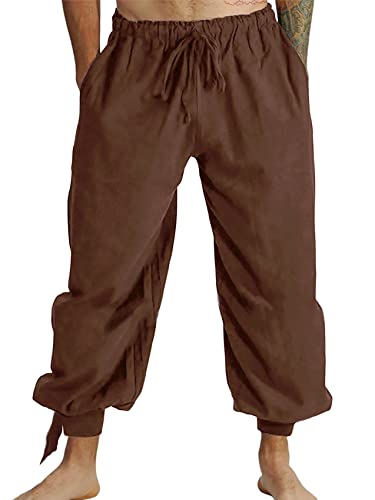 Mens Pirate Linen Pants Medieval Viking Navigator Costume Trousers Renaissance Lace Up Cosplay Pants - Brown - XX-Large