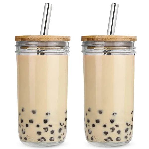 Mason Jar Cups 2 Pack 20 oz, AmzFan Reusable Wide Mouth Smoothie Cups, Boba Cup With Lids and Silver Straws, Iced Coffee Cups, Clear Tumblers Drinking Bottle