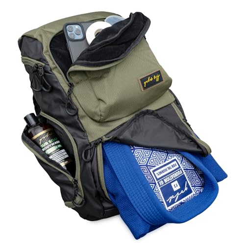 Gold BJJ Jiu Jitsu Backpack - Heavy Duty Gym Bag with Waterproof Gi Pocket - Olive