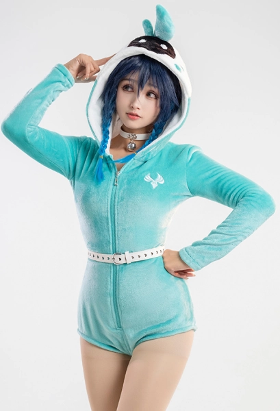 Venti Derivative Fluffy Bodycon Romper Pajama Green Long Sleeve Hooded Bodysuit Jumpsuit Sleepwear with Choker and Socks