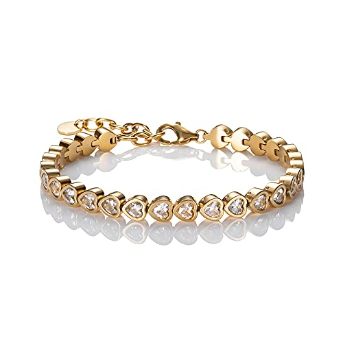 namana Heart Tennis Bracelet for Women. Gold or Stainless Steel Bracelet set with Heart Shaped Swarovski Crystals - Gold