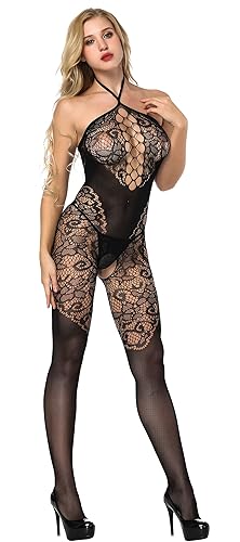Bommi Fairy Women's Fishnet Teddy Sexy Lingerie Lace Flexible Sling Lingerie Mesh Bodysuit Babydoll Chemise Nightwear Halter Garter Dress - Black
