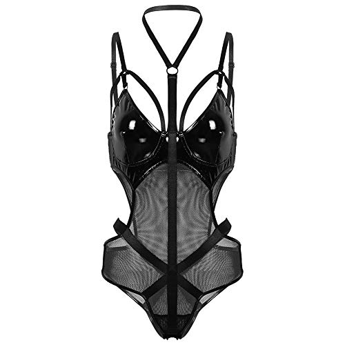 Crubelon Women’s Wet Look Lingerie Leather Bodysuit Mesh Patchwork Halter Neck High Cut Leotard Bodysuit Clubwear