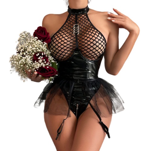 Crubelon Women’s Wet Look Lingerie Leather Bodysuit Mesh Patchwork Halter Neck High Cut Leotard Bodysuit Clubwear - Black2 Small