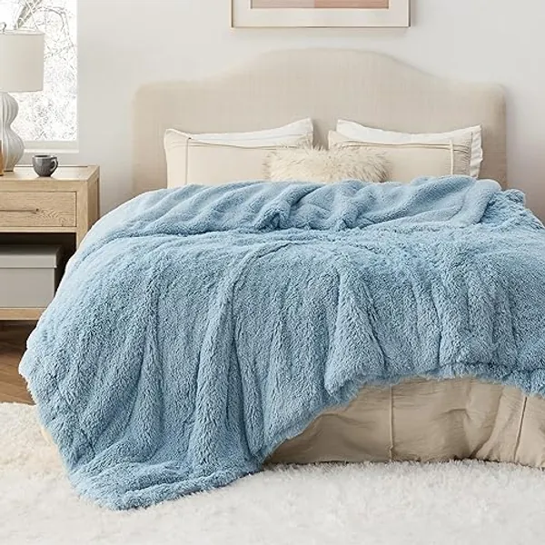 Bedsure Soft Blue Blankets Queen Size for Bed, Fluffy Fuzzy Blankets for Full Queen Bed, Cozy Plush Sherpa Fleece Faux Fur Blanket for Winter, Thick Warm Blanket Gifts for Women, Men, 90x90