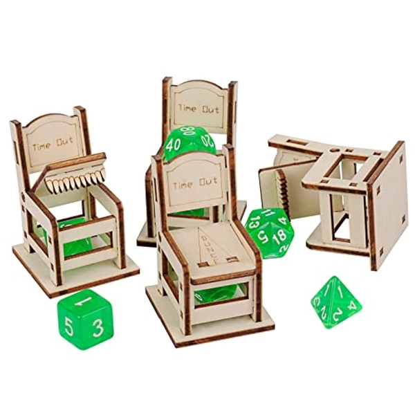 DND Time Out Chair Dice Jail Set of 4 with a Random Polyhedral Dice Set Wood Laser Cut Dunce, Shame Chair Miniature for Dungeons and Dragons, D&D, Pathfinder and Tabletop RPG