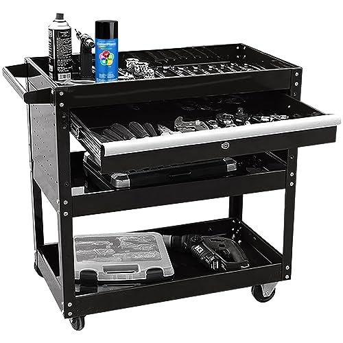 Tooremine 3 Tier Rolling Tool Cart, 330 lb Capacity Utility Cart, Metal Service Tool Cart with Drawer and Lock, Tool Storage Cart for Garage Warehouse Workshop Repair Shop (Black) - Black