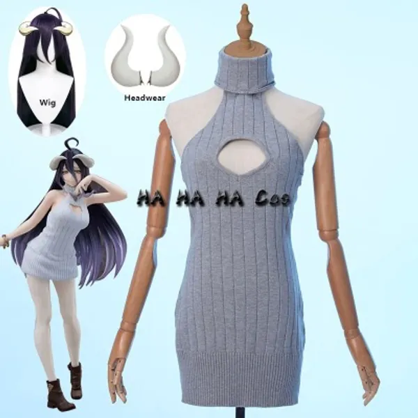 11.69US $ 30% OFF|Overlord Season 4 Albedo Anime Cosplay Costume Grey Backless Sweater Wig Horns Headwear Merciful Pure-white Devil Ainz Ooal Gown - Cosplay Costumes - AliExpress