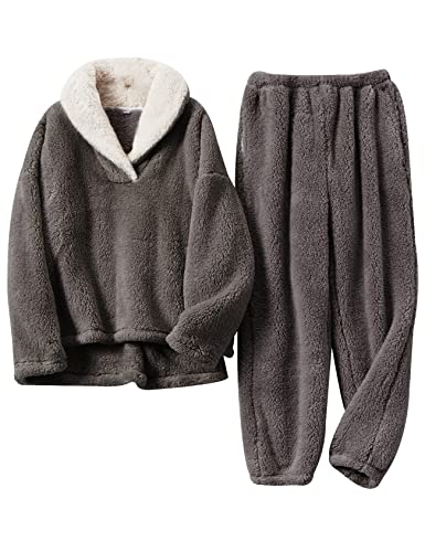 Gihuo Women' s Fluffy Pajamas Set Fleece Pullover Pants Loose Plush Sleepwear 2 Piece Pjs Set Warm Loungewear Fuzzy - Darkgrey - Medium