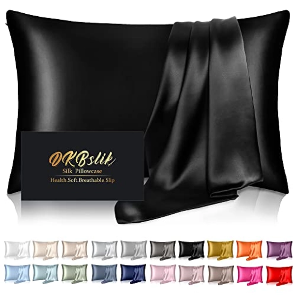 Silk Pillowcase for Hair and Skin,Mulberry Silk Pillow Cases Standard Size,Anti Acne,Cooling,Beauty Sleep,Both Sides Natural Silk Satin Pillow Covers with Hidden Zipper,Gifts for Women Men,Black