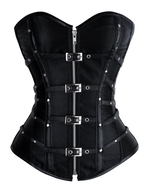 Charmian Women's Gothic Punk Satin Boned Zipper Overbust Corset Top with Buckles