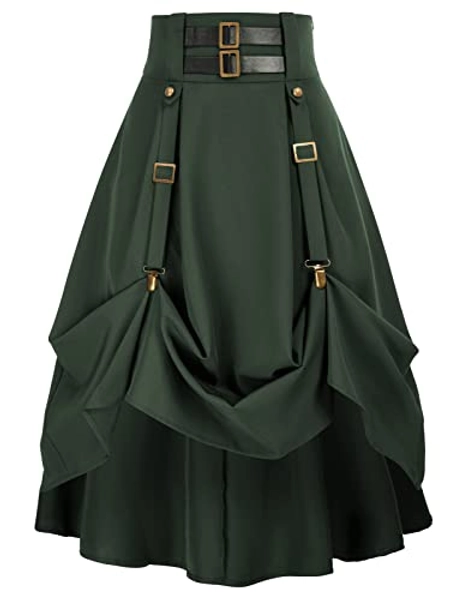 Women Goth Steampunk Skirt High Waist Stretch Midi A-Line Skirt with Pockets S-2XL