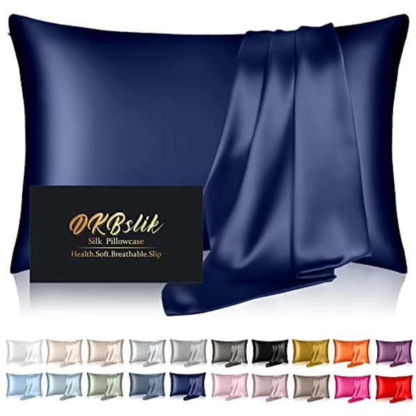Silk Pillowcase for Hair and Skin,Mulberry Silk Pillow Cases Standard Size,Anti Acne,Cooling,Beauty Sleep,Both Sides Natural Silk Satin Pillow Covers with Hidden Zipper,Gifts for Women Men,Navy Blue