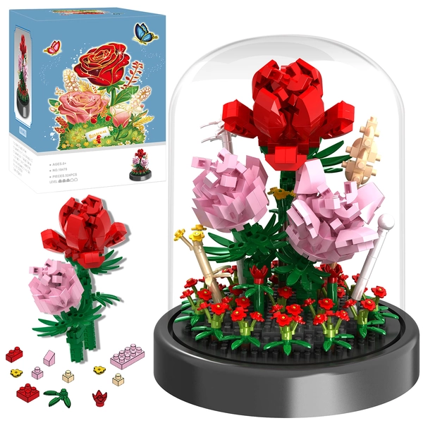 QIFUN Flower Bouquet Building Kit, 524 Pcs Mini Bricks Flower Bouquet Building Blocks Sets, Forever Rose Decorated Flower with Dust Cover, Valentine's Day Gifts for Her Lover Mom Women Girlfriends