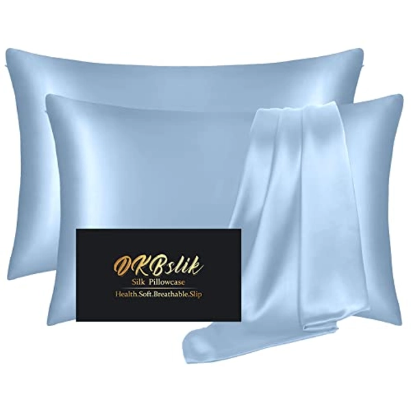 Silk Pillowcase 2 Pack,Mulberry Silk Pillowcases Standard Set of 2,Health,Soft,Anti Acne,Beauty Sleep,Both Sides Natural Silk Satin Pillow Cases for Women 2 Pack with Zipper for Gift,Haze Blue