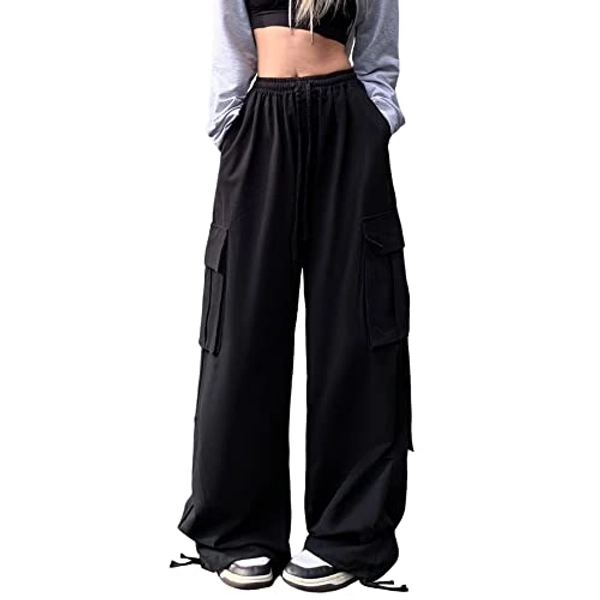 Linsennia Cargo Pants Women Baggy Y2k Streetwear Wide Leg Pants with Pockets High Waist Drawstring Goth