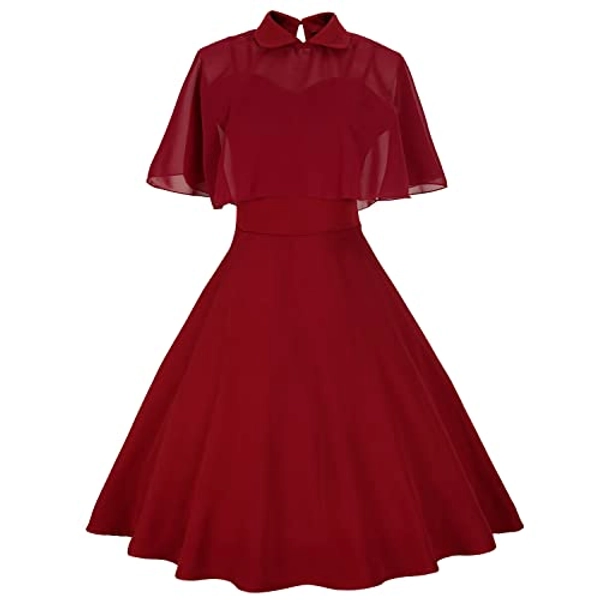 Women's 1950 Vintage Gothic Swing Cocktail Dress with Pockets and Chiffon Shawl