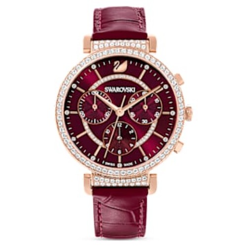 Relógio Passage Chrono, Fabrico suíço, Pulseira de couro, Vermelho, Acabamento em rosa dourado