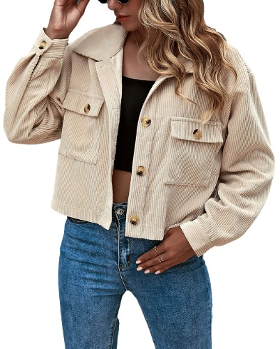 Gihuo Women's Fashion Cropped Shacket Button Down Corduroy Shacket Jackets - Apricot Small