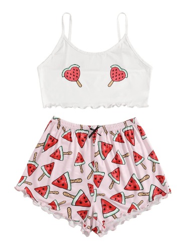 SweatyRocks Women's Summer Strawberry Print Cami Top and Shorts Sleepwear Pajamas Set - Medium White Pink Red