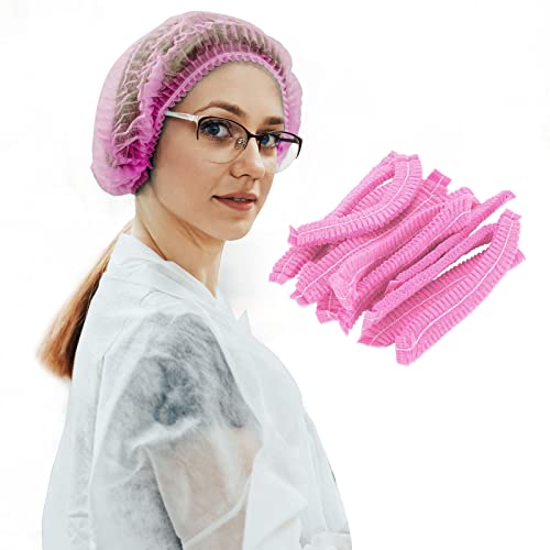 100 Pack 21" Disposable Nonwoven Bouffant Caps Hair Net for Hospital Salon Spa Catering and Dust-free Workspace (pink) - Pink