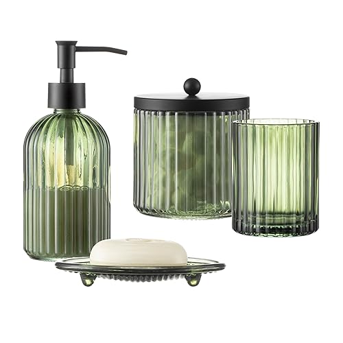 4PCs Heavy Weight Decent Glass Bathroom Accessories Set with Decorative Pressed Pattern - Includes Hand Soap Dispenser & Tumbler & Soap Dish & Toothbrush Holder (Olive Green) - Green
