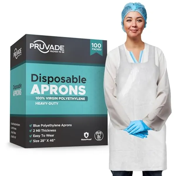 Pruvade Disposable Aprons | Box of 100 | White, 2 Mil Heavy-Weight, Knee-Length Plastic Aprons with Dispenser Box | 28โx 46โ Tear-Resistant Poly Aprons | for Cooking, Food Service and Arts n' Crafts - Universal - White - 100