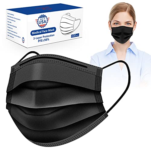 Disposable Face Masks 3-Layer Medical Grade Safety Masks for Protection,Comfortable & Breathable Face Mask for Adults - Black-100