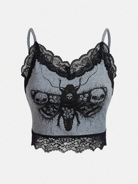 Robin Skull Print Contrast Lace Cami Top