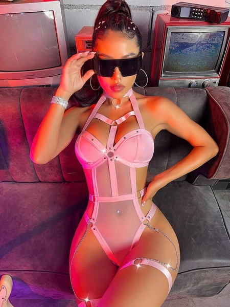 Ring Linked Mesh Teddy Bodysuit With 1pair Leg Ring