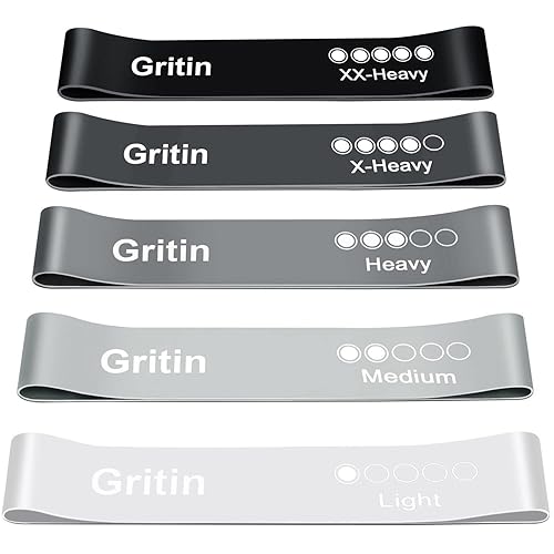 Gritin Fitnessbänder [5er Set] Widerstandsbänder mit 5 Stufen, 100% Latex Fitnessband Resistance mit Deutscher Übungsanleitung & Tragebeutel, Gymnastikband für Muskelaufbau, Yoga - grau