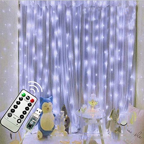FANSIR 300 LED Curtain String Lights, Upgraded USB Window Fairy Lights 3mx3m 8 Modes Remote Timer Fairy Light Waterproof Copper String Lights for Outdoor Indoor Wedding Bedroom Decoration (Cool White)