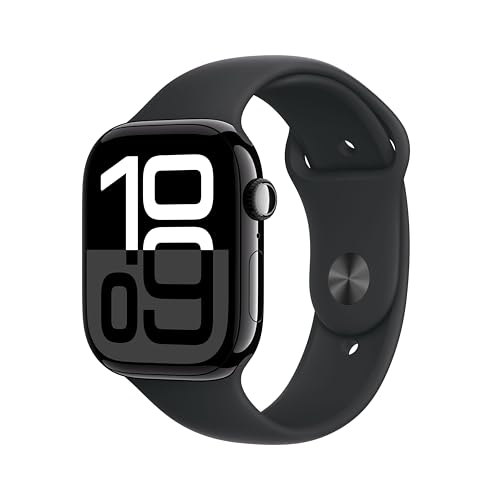 Apple Watch Series 10 GPS 46 mm Smartwatch with Jet Black Aluminium Case with Black Sport Band - S/M. Fitness Tracker, ECG App, Always-On Retina Display, Water Resistant - Sport Band - 46mm case - Jet Black/Black - S/M - fits 140-190mm wrists