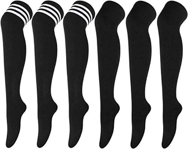 DRESHOW 6 Pairs High Thigh Socks Striped Over Knee Thin Tights Long Stocking for Women Leg Warmer - High Thigh - 6 Pairs: Black Ab