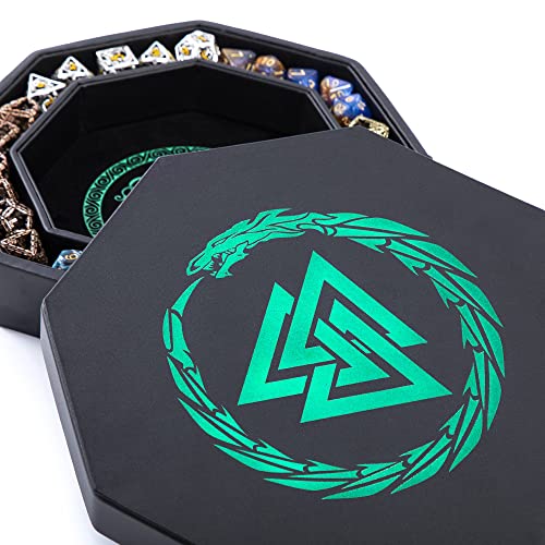 DND Dice Tray - Premium 8 Inch Dice Tray Dungeons and Dragons - Beautiful Green Valknut and Dragon Design - Perfect RPG Dice Rolling Tray with D&D Dice Box Storage to Protect Dice - Green Valknut Dragon
