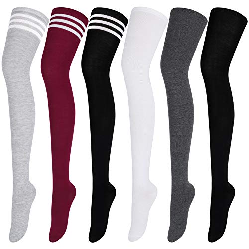 Aneco 6 Pairs Extra Long Socks Long Boot Stockings Thigh High Socks for Women - One Size - Multicoloured Stripes Colors, Pure Colors