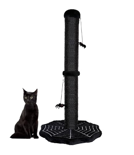 PuzzlePaw Gothic Cat Scratching Post with Spider Dangling Toys for Indoor Cats, Halloween Cat Scratcher,Activity Cat Play Center Cat Tree Tower Furniture with Cobweb Base,Black - Medium