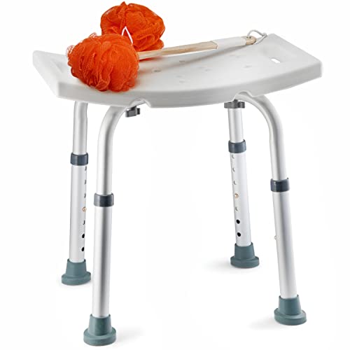 Shower Chair - with Back Scrubber & Additional Sponge - Tool Free Shower Chair for Elderly - with 8 Adjustable Heights - Portable Anti Slip Bath Chair for Elderly