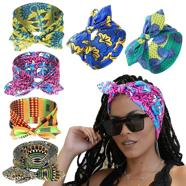 6 Pieces African Ankara Print Bonnet Beanie Cap Pre-Tied Bow Bowknot Headwrap Stretch Turban Headband Dreadlocks Locs India Dread Head Band Wrap Yoga Hair Bandana Blue Gingko - Blue,Yellow,Orange Red,Green,Rose Red,Yellow Sun