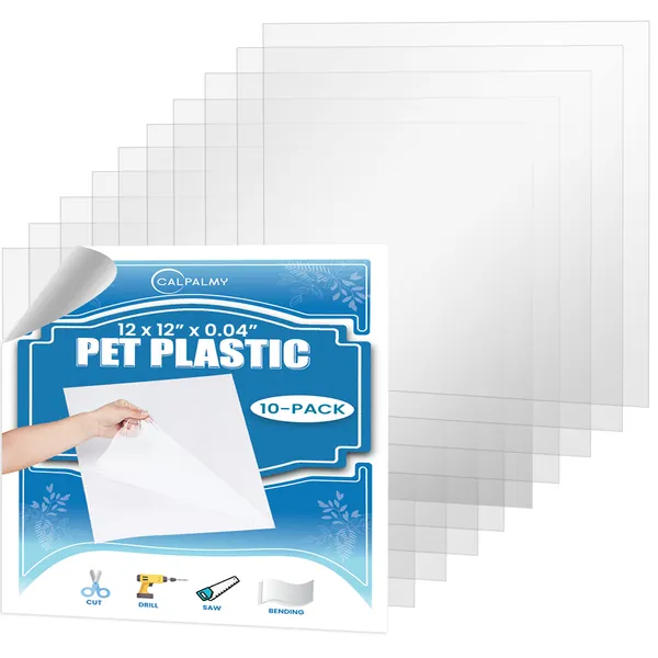 10 Pack of 12x12” PET Sheet/Plexiglass Panels 0.04” Thick; Use for Crafting Projects, Picture Frames, Cricut Cutting and More; Protective Film to Ensure Scratch and Damage Free Sheets - 12x12" 10