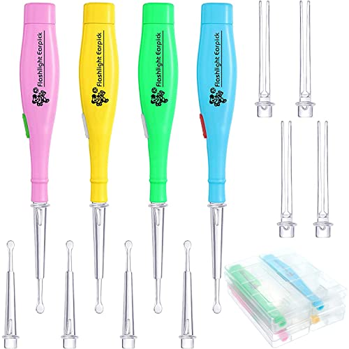4 Pieces Ear Wax Removal Tool with LED Light and Storage Case LED Earwax Spoon Safe Ear Pick Spoon Tweezer Ear Wax Removal Tool Kit with Flashlight for Adults and Children
