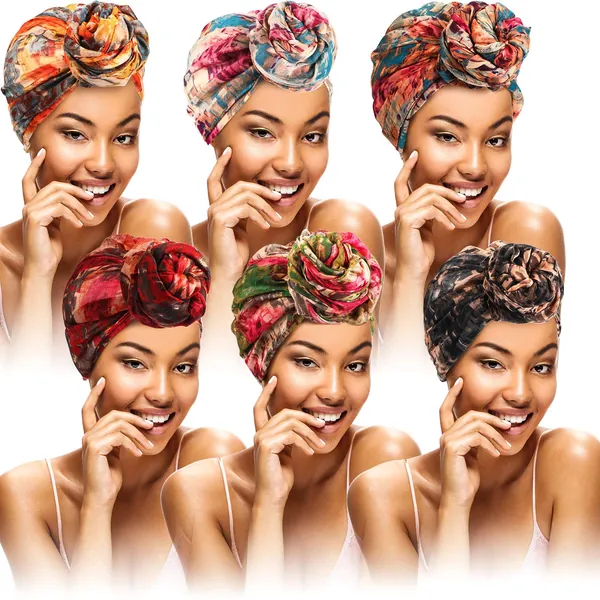 African Head Wrap for Women 6 Pieces Turban Headwraps African Tie Dye Hair Wrap India Turban Head Beanie Cover Long Hair Scarf Head Wrap - 