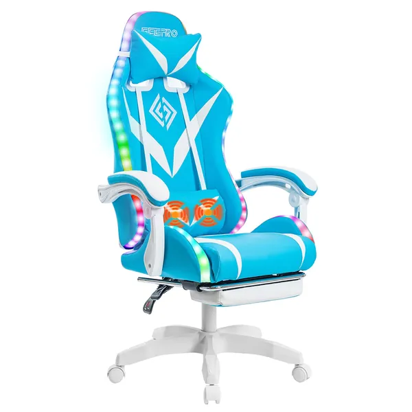 Geepro Gaming Chair with Massage and RGB LED Lights Ergonomic Computer Chair Cute with Footrest High Back Video Game Chair with Adjustable Lumbar Support Linkage Armrest Light Blue and White - light blue+white