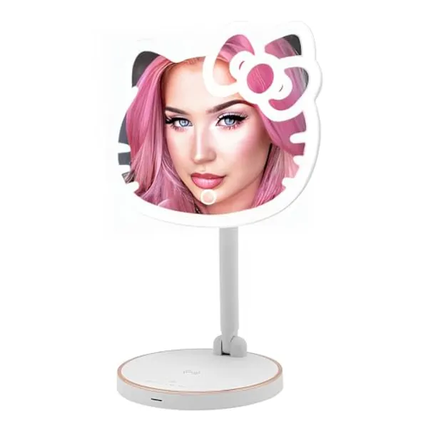Impressions vanity Hello Kitty LED Rechargeable Makeup Mirror with 360 Degree Rotation, Touch Sensor Desk Mirror with Light Strip and Adjustable Brightness