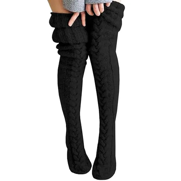 Women's Cable Knit Thigh High Socks Extra Long Winter Stockings Leg Warmers - Black2
