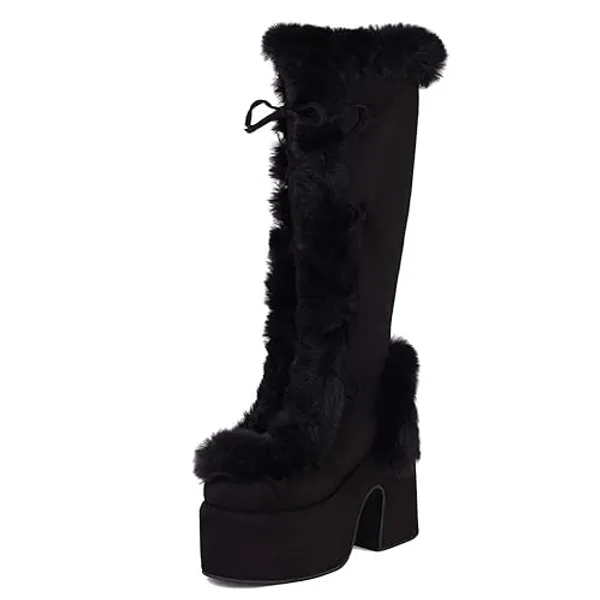 PAYDVOIER Winter Snow Platform Boots Christmas Boots Lace Up Zip Mid Calf Boots - 7 - 036 Black