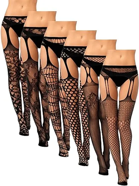 6 Pairs Women Fishnet Thigh High Stockings Suspender Pantyhose Lingerie Garter Belts Tights for Women Girls - Medium-Large - Black