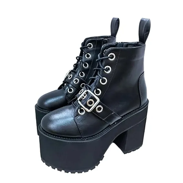 GooMaShoes Women's Black Block Chunky Platform Boots Goth, Punk Lace up Combat Boots, Gothic Round Toe Cosplay Ankle Boots - 7 - Black 2