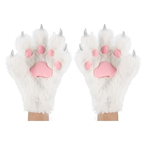 hbbhml Tierpfote Klaue Handschuhe Niedliche Katze Fuchs Bär Plüsch Halloween Weihnachten Laufen Cosplay Kostüm Winter Warme Handschuhe Fäustlinge - Weiß