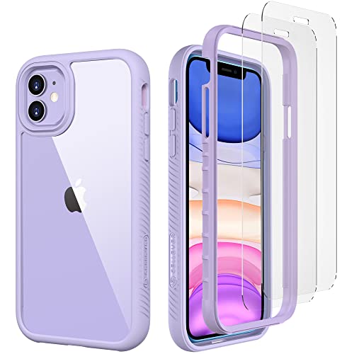 CellEver Clear Full Body Case for iPhone 11, Heavy Duty Protection with Anti-Slip TPU Bumper and [2 Tempered 9H Glass Screen Protectors] Shockproof Transparent Phone Cover 6.1 Inch (Light Purple) - Light Purple - iPhone 11